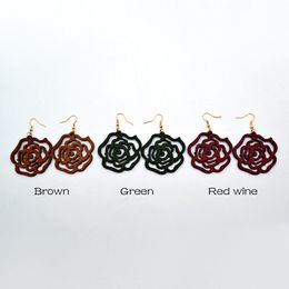 Design Rose Wood Drop Earrings Boho Flower Dangle Earring for Women Lady Girls Fashion Statement Jewellery Christmas Gift