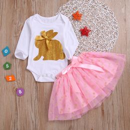 Set di vestiti per neonate Coniglio dorato Ragazza Pagliaccetto Gonne a pois 2 pezzi Set Coniglietto di Pasqua Principessa Pagliaccetti Abiti per bambini Abbigliamento per bambini DHW1986