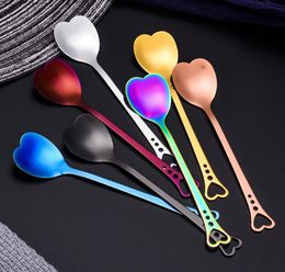 Colorful Heart Shape Stainless Steel Coffee Spoon Dessert Sugar Stirring Spoon Ice Cream yogurt Honey Spoon Kitchen Free Ship