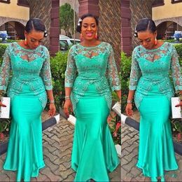 Aso Ebi Green Long Sleeves Evening Gowns Sheer Neck Lace Appliques Beads Mermaid Prom Dress African Plus Size Party Dress Formal Vestidos W2