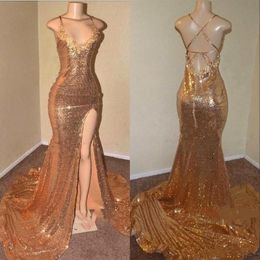 Gold Sequin Mermaid Prom Party Dresses New Sexy Criss Cross Backless Spaghetti Straps Front Split Long Evening Gowns Reflective