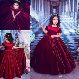 Princess Lovely Cheap Simple Dark Red Veet Ball Gown Flower Girls Short Puffy Sleeve Wedding Party Dresses Birthday Kids Dress