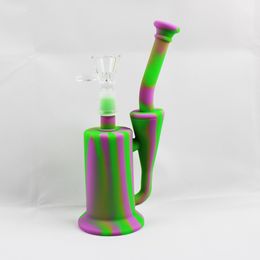 Silicone Glass Recycler Bong 8" Mini Portable Travel Wax Oil Concentrate Dry Herb Dabs Tobacco Smoking Water Bubbler Pipes With Flower Bowl