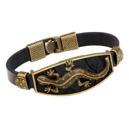 iMaySon Punk Leather Alloy Gecko Bracelet for Men Vintage Cuff Wrap Rope Wristband Personalized Birthday Jewelry Gifts