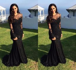 Black Arabic Satin Mermaid Prom Dresses Sheer Long Sleeves Lace Appliques Beaded Plus Size Formal Party Evening Gowns robes de soiree