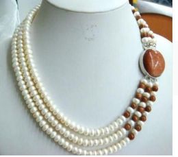 Free shipping New Elegant charming 3 row 8-9mm white chocolate pearl necklace