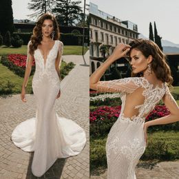 2020 Mermaid Wedding Dresses V Neck Appliqued Beaded Tassel 3/4 Long Sleeves Bridal Gown Backless Ruffled Sweep Train Vestidos De Novia