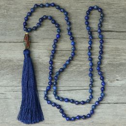 Edothalia Fashion 6mm/8mm Lapis Lazuli Stone Beads Necklace Women Girls Nepal Tassels Pendant 108 Mala Necklaces Bijoux Gift J190711