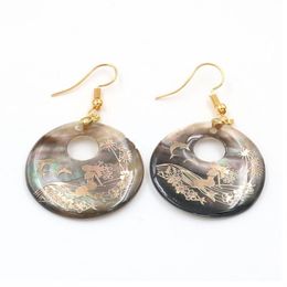 Round Printed Mermaid Charm Hook Earrings Natural Black Shell with Gold Foil Womens Jewelry 5 Pairs