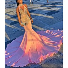 Black Girls Halter Prom Dresses Long Beads Sequins Backless Cocktail Party Dress Satin African Women Evening Gowns robe