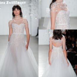 Newest Mira Zwillinger A Line Wedding Dresses Strapless Sleeveless Beads Pearls Ruched Wedding Gown Sweep Train robe de mariée