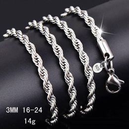 925 sterling silver 3MM twisted Rope chain Necklaces For Women Men Fashion Jewellery Gift 16 18 20 22 24 26 28 30 inches