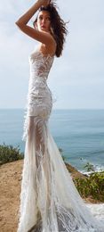 Elegant Weddinginspirasi Mermaid Wedding Dresses Jewel Sleeveless Lace Applique Feather Wedding Gown Sweep Train robe de mariee299t