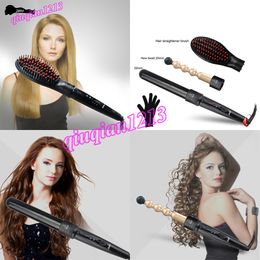 3 in 1 Curling Irons and Hair Straighteners Brush Interchangeable Barrel Professional Curly Wavy Curler Wand Straightening Comb Styling Tool
