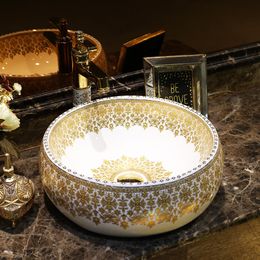 Artistic Handmade Art wash basin Ceramic Counter Top Wash Basin Bathroom Sinks modern ceramics wash basin round gold pattern