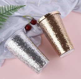 The latest 16 OZ Drinkware double-layer plastic straw ice cups, flowing sequin creative water cup, support Customised logo