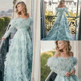 Luxury Evening Dresses Bateau Long Sleeve Full Appliqued Lace Feather Beaded Prom Dress Ruched Sweep Train Party Gown Hot Sale