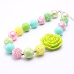 Lime Green Rose Flower Beads Kid Chunky Necklace Bright Color Design DIY Bubblegum Bead Chunky Necklace Children Jewelry For Toddler Girls