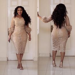 Plus Size Sirena Abiti per la madre della sposa Champagne africano Lunghezza tè Corto Sposo Madre Abito formale 3/4 maniche Midi Outfit237N