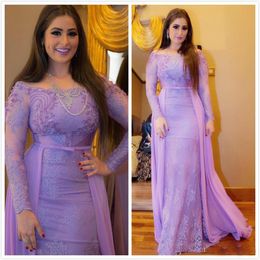 2019 Aso Ebi Arabic Lilac Lace Evening Dresses Long Sleeves Mermaid Prom Dresses Sexy Off the Shoulder Arabic Party Gowns