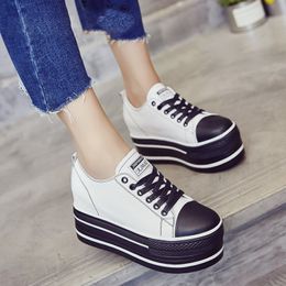 Hot Sale-9cm genuine leather women Casual Shoes platform wedge shoes height increasing lace up super high