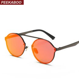 Luxury-Peekaboo metal flat top rimless sunglasses round men retro round frame sunglasses women round mirror red pink