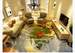 Customised 3D photo self-adhesive waterproof floor mural wallpaper stickers Living room 3D Chinese style floor painting underwater koi fish