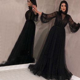 Black Muslim Evening Dresses 2019 A-line Long Sleeves Tulle Pearls Long Islamic Dubai Saudi Arabic Long Formal Evening Gown