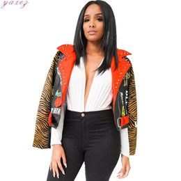 Women's Studded Leather Printing Casual Fashion Coat Rivet Cool Show Charm Slim Short feminino Jacket women Turn-down Collar