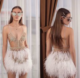 Sexy Short Prom Dresses Spaghetti Lace Beads Feather Illusion Backless Mini Evening Gowns See Through Formal Party Dress