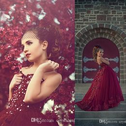 New Vintage Burgundy Lace Flower Girl Dresses For Weddings Spaghetti Straps Crystal Bow junior Girls Formal Dress Kids Prom Communion Gowns