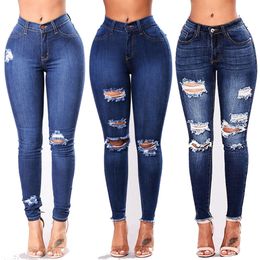 New Stylish Womens High Waisted Skinny Ripped Denim Pants Slim Pencil Jeans Trousers Plus Size