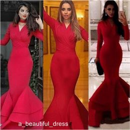 Sexy Kim Kardashian Mermaid Evening Formal Dresses with Sleeves V-neck Ruffles Train Plus Size Fishtail Red Prom Celebrity Dress ED1148