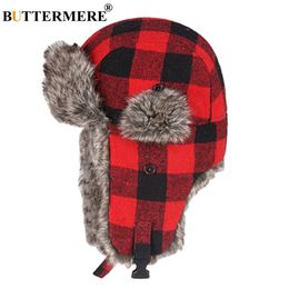BUTTERMERE Winter Hats For Mens Bomber Hat Fur Red Warm Earflap Cap Windproof Women Thicker Plaid Russian Ushanka Hat Black Blue Y200110