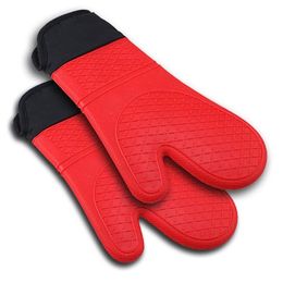 Bestselling 2pcs Red Silicone Kitchen Oven Mitt Glove Potholder with Extra Long Canvas Sleeve Stitching for Grilling and BBQ