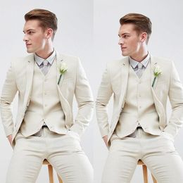 Summer Ivory Linen Men Wedding Tuxedos Beach Notched Lapel Groom Wear Pants Suits Formal Men Slim Fit Blazer Jacket Pants Ve255P