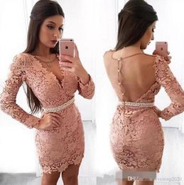 Sexy Pink Lace Hollow Homecoming Dresses Jewel Long Sleeves Covered Button Sheath Short Mini Length Applique Party Dresses