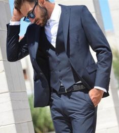 Fashion Blue Groom Tuxedos Peak Lapel Slim Fit Bridegroom Blazer Men Formal Suits Prom Party Suits (Jacket+Pants+Tie+Vest) 790