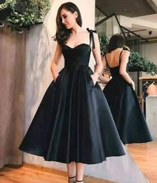 Vintage Little Black Satin Short A Line Cocktail Dresses With Pocket 2020 Arabic Ruched Tea Length Formal Party Evening Prom Dress