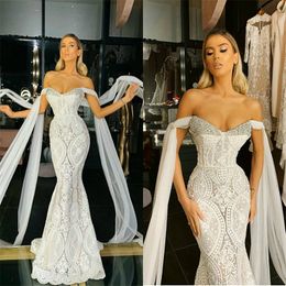 Elegant Mermaid Wedding Dresses Sexy Off-shoulder Sleeveless Full Lace Appliqued Beaded Bridal Gown Ruched Sweep Train Vestidos De Novia