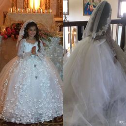 Crystal Ball Gown Flower Girl Dresses for Wedding Party Little Bride Long Sleeve Lace Appliques Kids Gown Sweep Train
