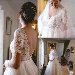 2021 Aline Wedding Dresses V Neck Long Sleeve Sweep Train Appliques See Through Garden Country Bridal Gowns robe de mariée Plus Size