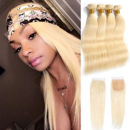 Indian Virgin Hair 4 Bundles With 4X4 Lace Closure Baby Hair Straight Human Hair Extensions 613# Blonde Light Color 5 Pieces Ruyibeauty