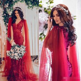 Gothic Red Mermaid Wedding Dresses V Neck Tulle Lace Applique Sweep Train Custom Made Plus Size Beach Wedding Bridal Gown Vestido 186k
