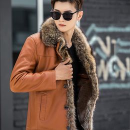 Winter Fur Leather Jacket Men Sheepskin Brown Coats Real Fur Collar Outerwear Overcoat Snow Wear Plus Size Clothing S-4XL New Fashion