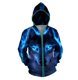 MUJERES DE MUJERES Colorido abrigo brillante 3D Lobo Impresión animal LED Luminoso cremallera superior Blusa Punk Sudadera Sudaderas Con Capucha