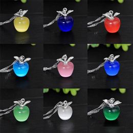 925 Silver Plated White Gold Cat Eye Apple Pendant Necklace Female Clavicle Chain Crystal Jewelry Apple Necklace Accessories