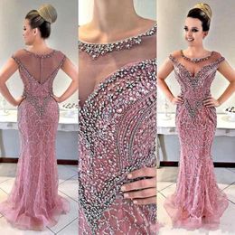 2020 Luxury Arabic Mermaid Evening Dresses Crew Neck Beading Crystal Illusion Sexy Back With Zipper Sweep Train Plus Size Prom Party Gowns