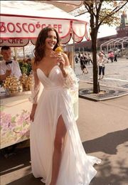 Sexy Strandhochzeitskleider 2019 Schatz-Spitze-böhmisches Hochzeitskleid mit abnehmbaren Ärmeln, seitlich geschlitzt, Boho-Brautkleider nach Maß