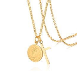Gold Christian Necklace Elizabeth Coin Charm and Cross Pendant Necklace in Stainless Steel